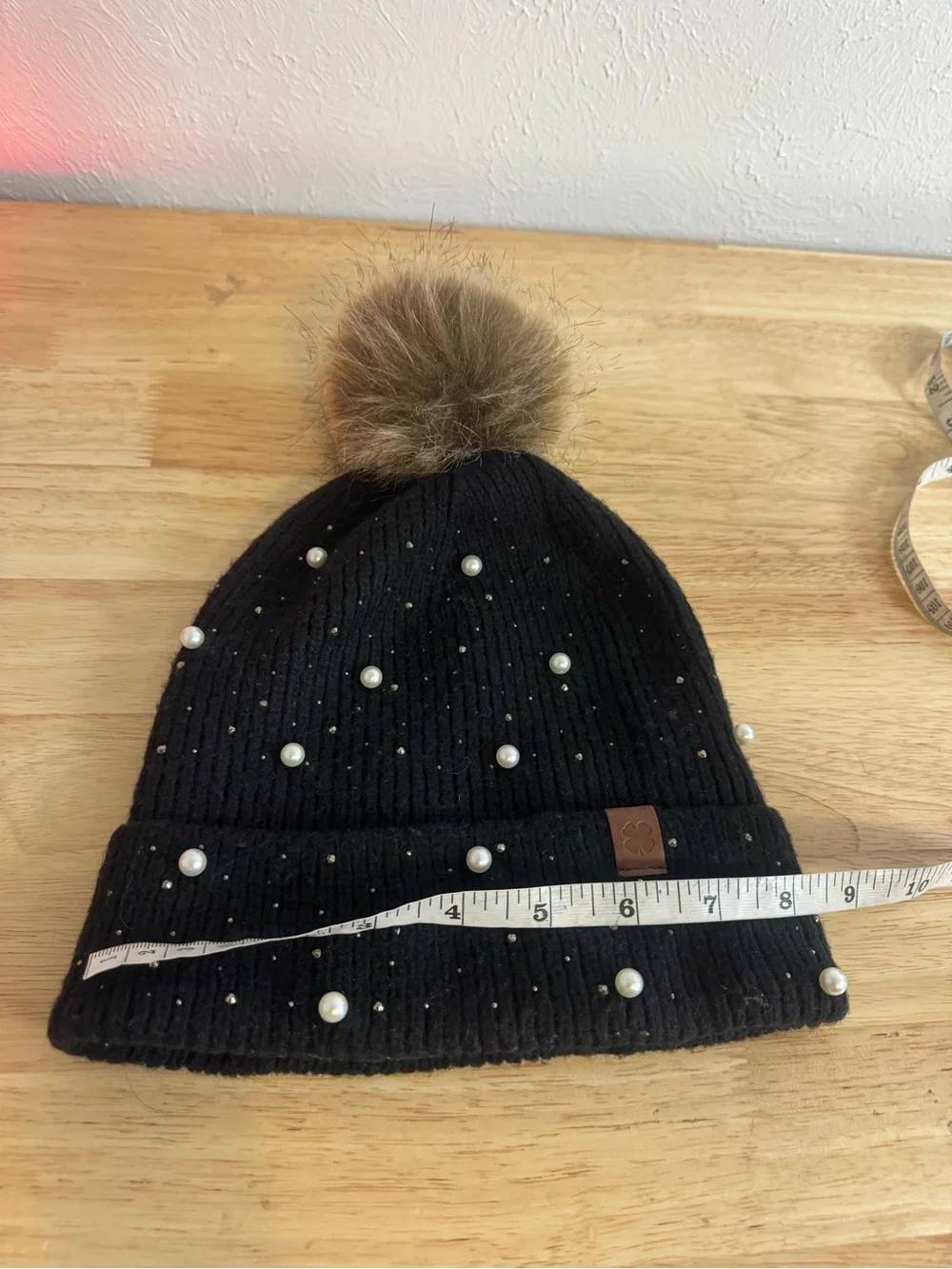 Lucky Brand Cute Girly Black and Pearls Puff Beanie
